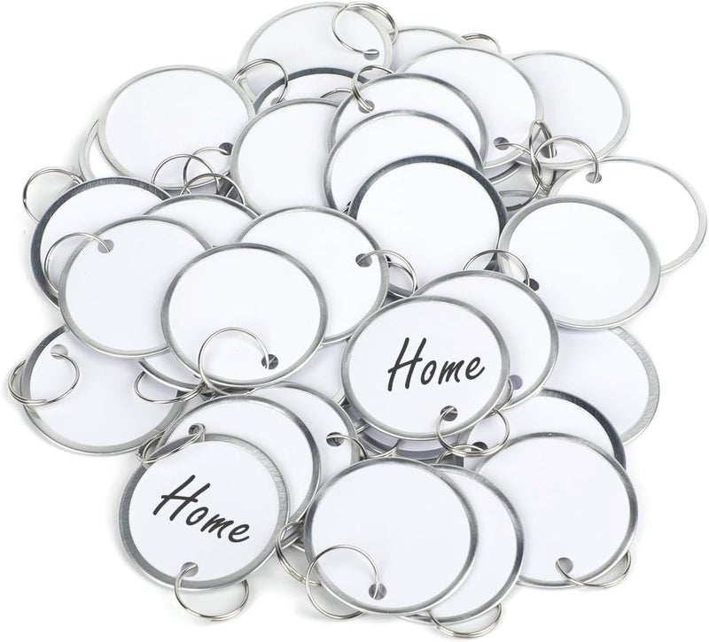 Uniclife 50 Pcs Key Tags 1.5 Inch Round Key Chain Tags Writable White Paper Labels with Metal Edges and Split Rings Sturdy Lightweight Key Item Identifiers - Image 1